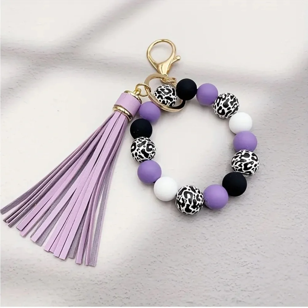 Purple and Black Beaded Keychain with Tassel